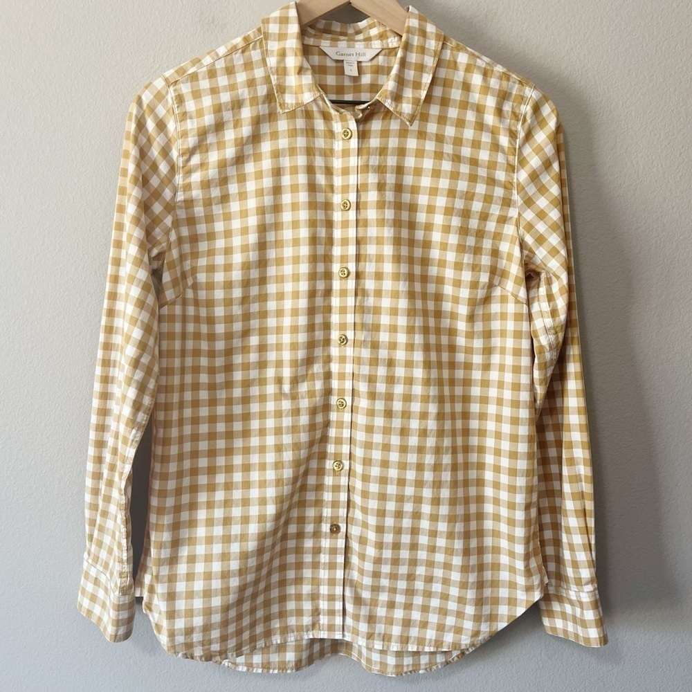 Garnet Hill Organic Pima Cotton Button Front Shirt Mustard Gold Gingham Size 2